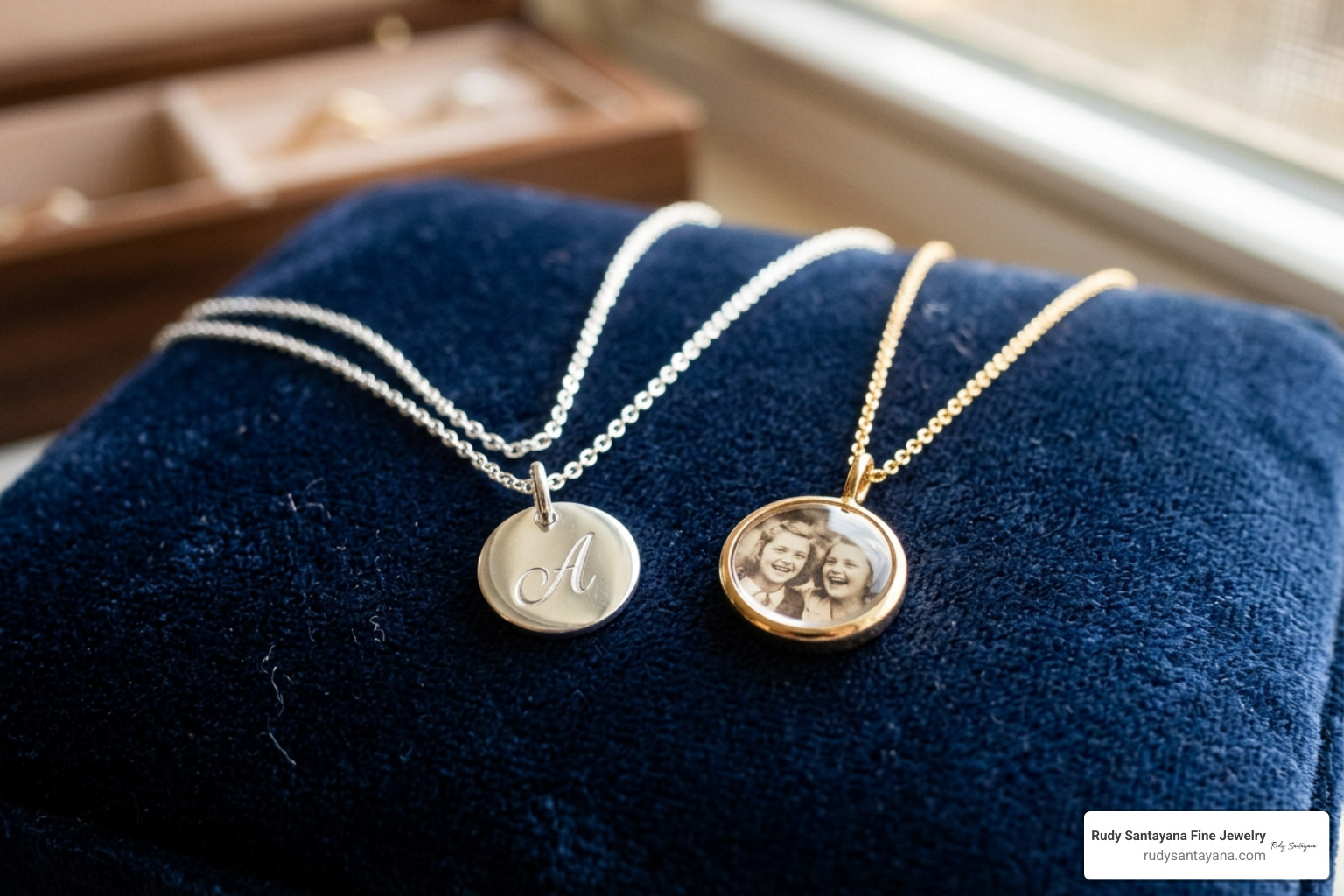 Sterling silver and gold best friend necklaces featuring customized initial and photo pendants