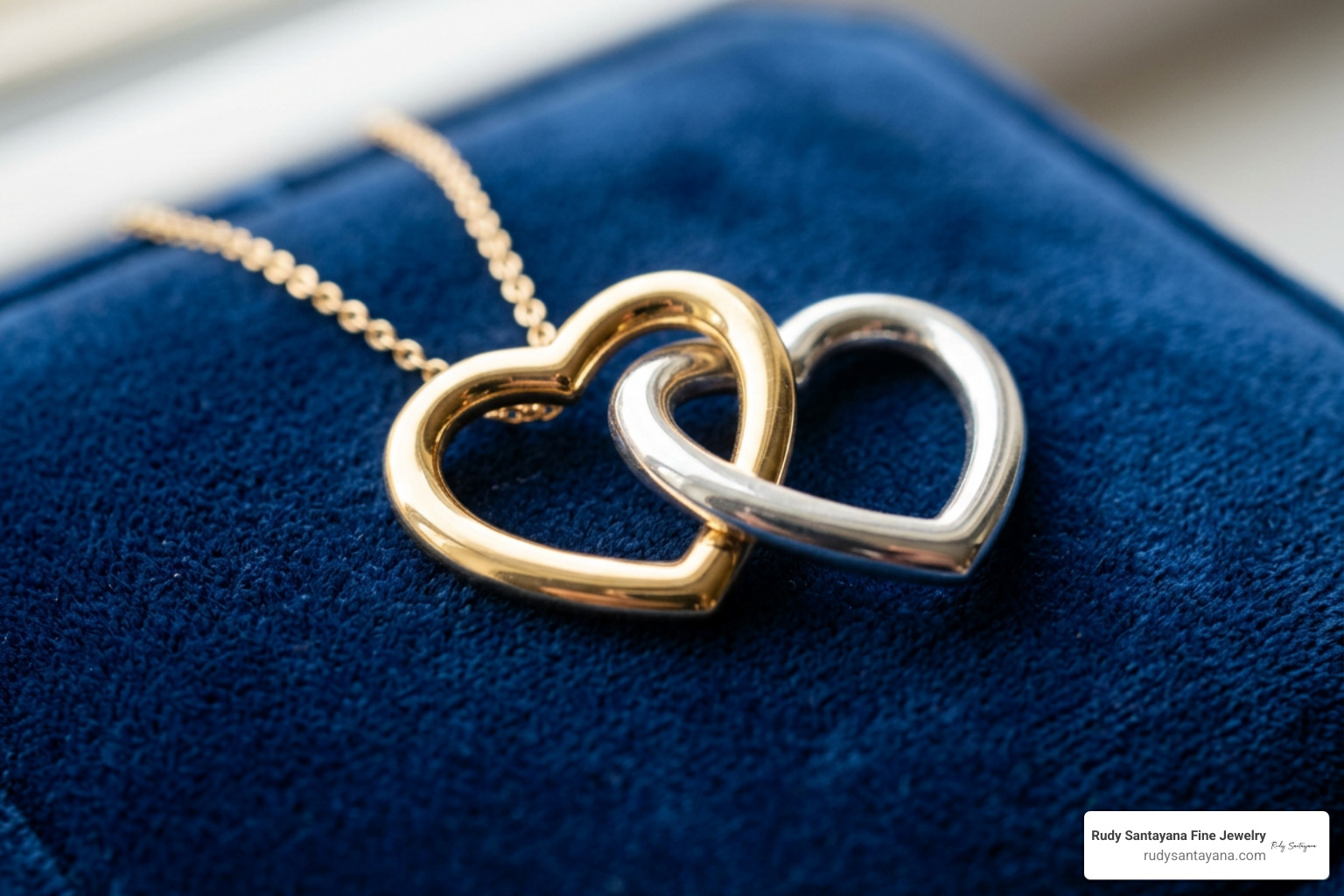 Interlocking heart friendship pendants crafted in yellow gold and polished sterling silver
