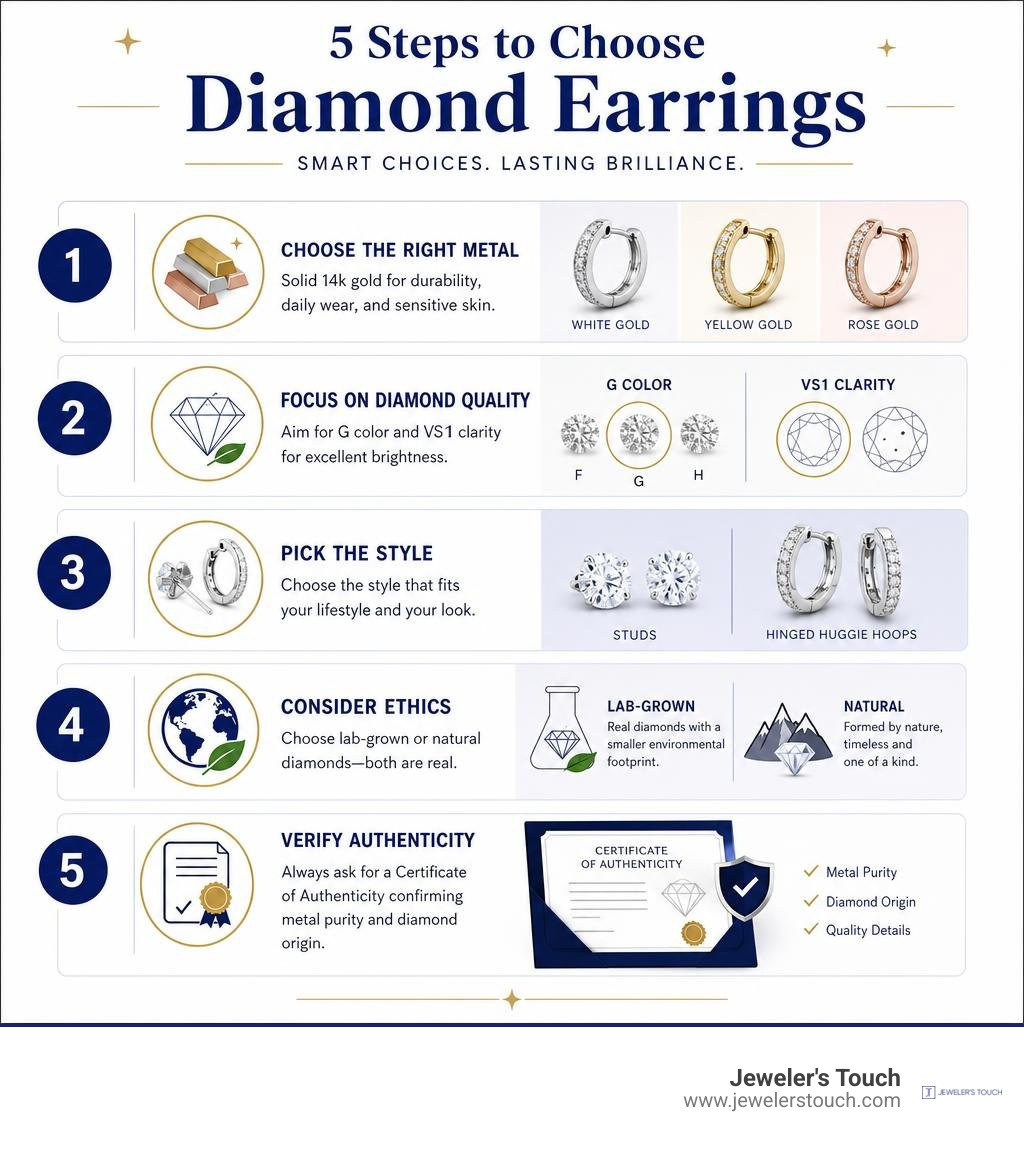 Step-by-step infographic for choosing diamond earrings: metal, diamond quality, style, ethics, verification infographic Step-by-step infographic for choosing diamond earrings: metal, diamond quality, style, ethics, verification infographic