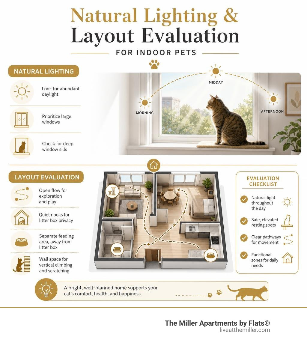 Natural lighting and layout evaluation for indoor pets infographic Natural lighting and layout evaluation for indoor pets infographic