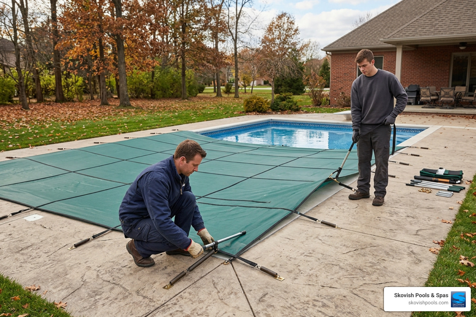 Installing a pool winter safety cover over an inground swimming pool Installing a pool winter safety cover over an inground swimming pool