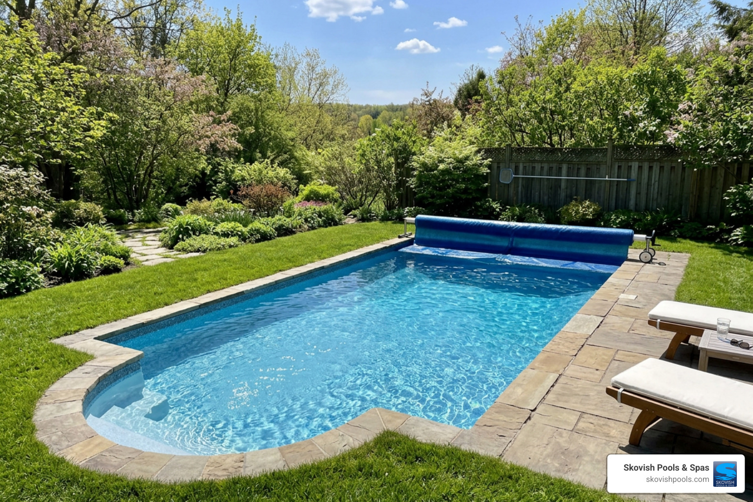 Crystal clear pool water during successful spring pool opening Crystal clear pool water during successful spring pool opening