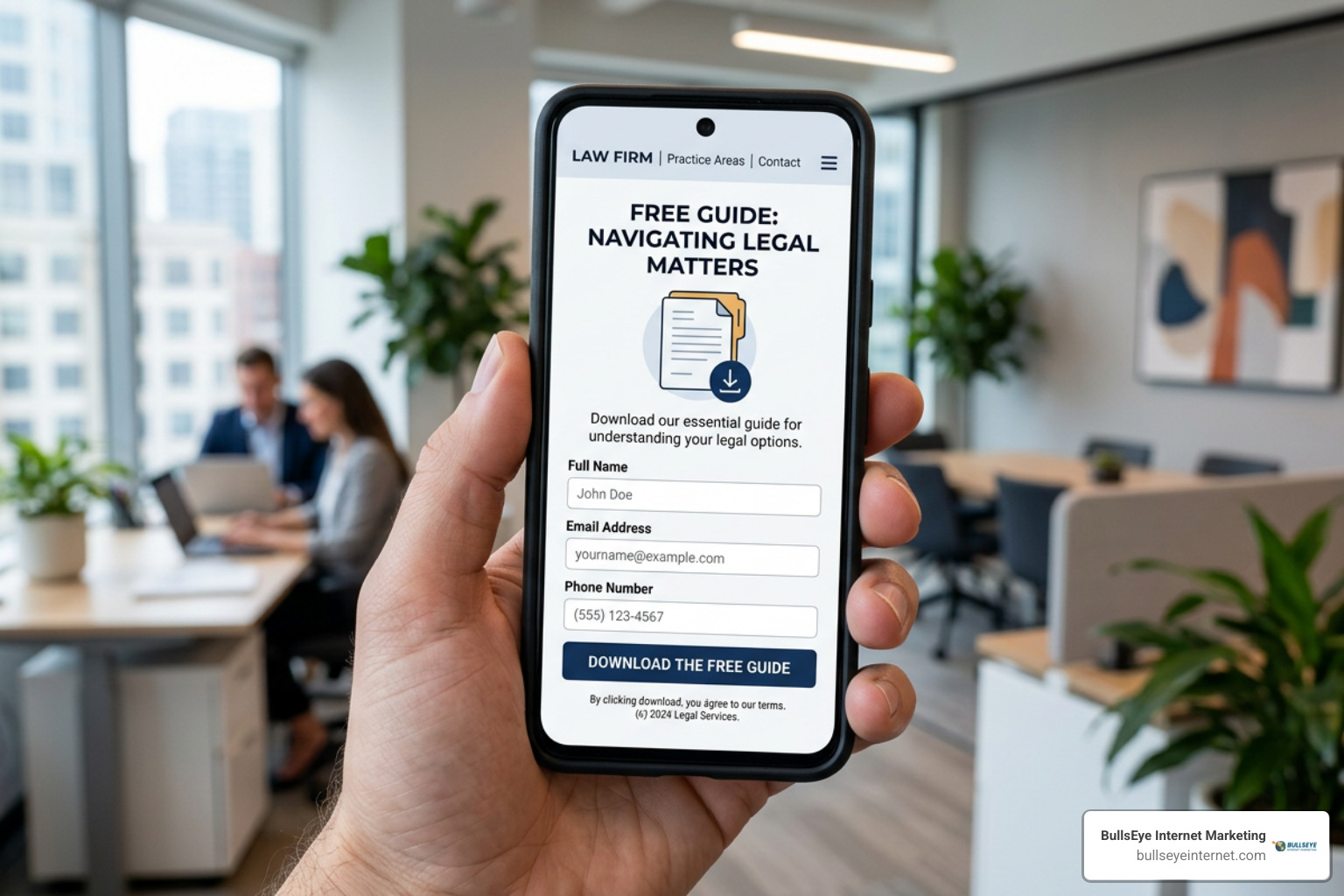 Law firm website mobile screen displaying a free downloadable legal guide opt-in form