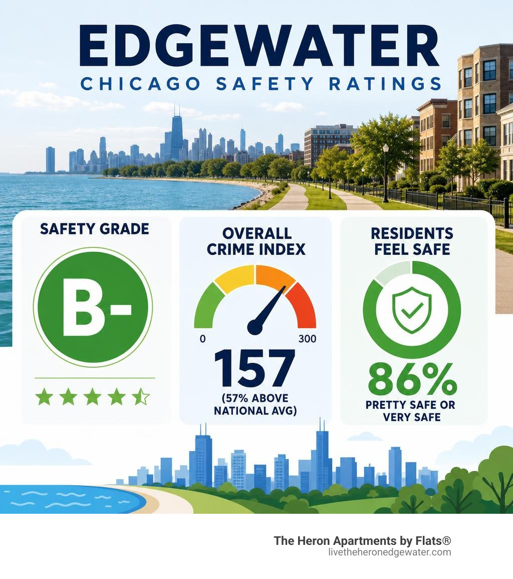 Edgewater Chicago safety ratings infographic: B- grade, crime index 157, 86% residents feel safe infographic Edgewater Chicago safety ratings infographic: B- grade, crime index 157, 86% residents feel safe infographic