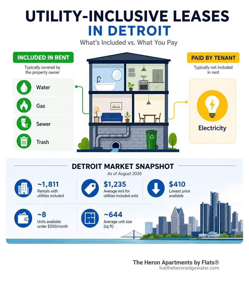Infographic showing utility-inclusive lease coverage: water, gas, sewer, trash included vs. electricity paid by tenant, with