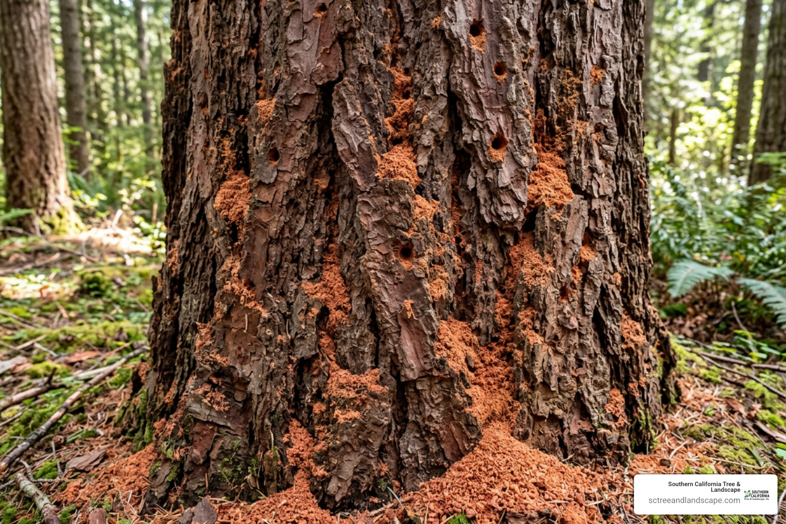 reddish orange frass accummulating in bark crevices at base of tree