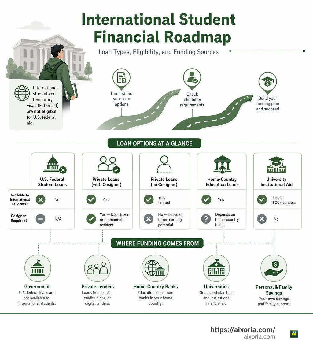 International student financial roadmap showing loan types, eligibility, and funding sources infographic