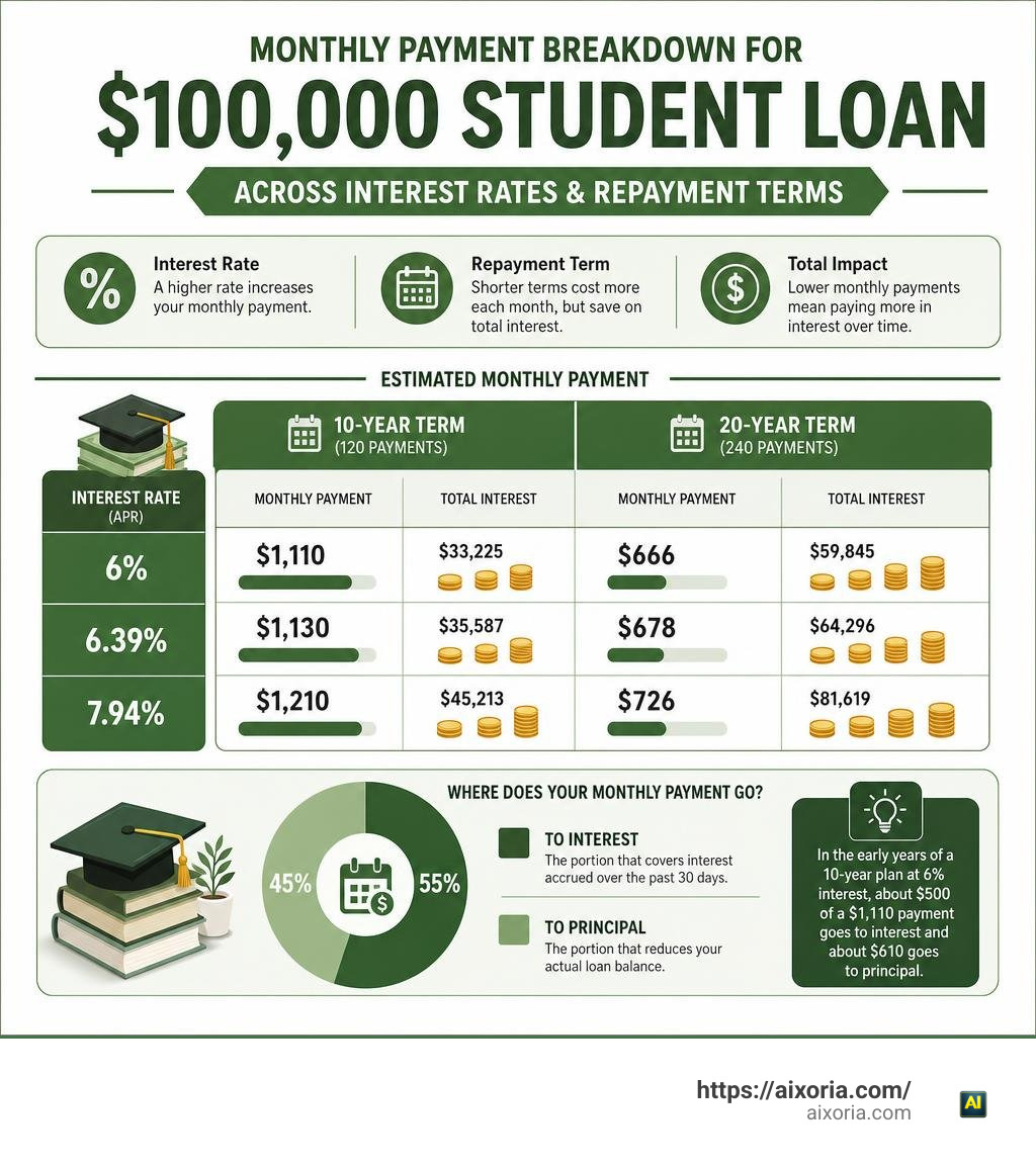 Monthly payment breakdown for $100,000 student loan across interest rates and repayment terms infographic