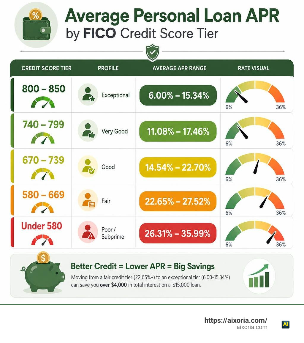 Infographic breaking down average personal loan APR ranges by FICO credit score tier infographic