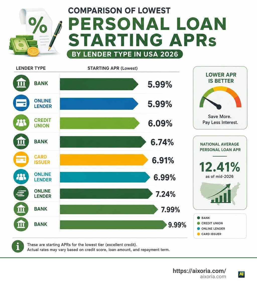 Comparison infographic of lowest personal loan starting APRs by lender type in USA 2026 infographic