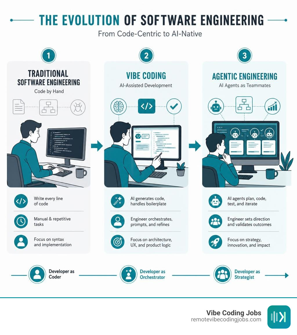 evolution from traditional software engineering to vibe coding and agentic engineering infographic