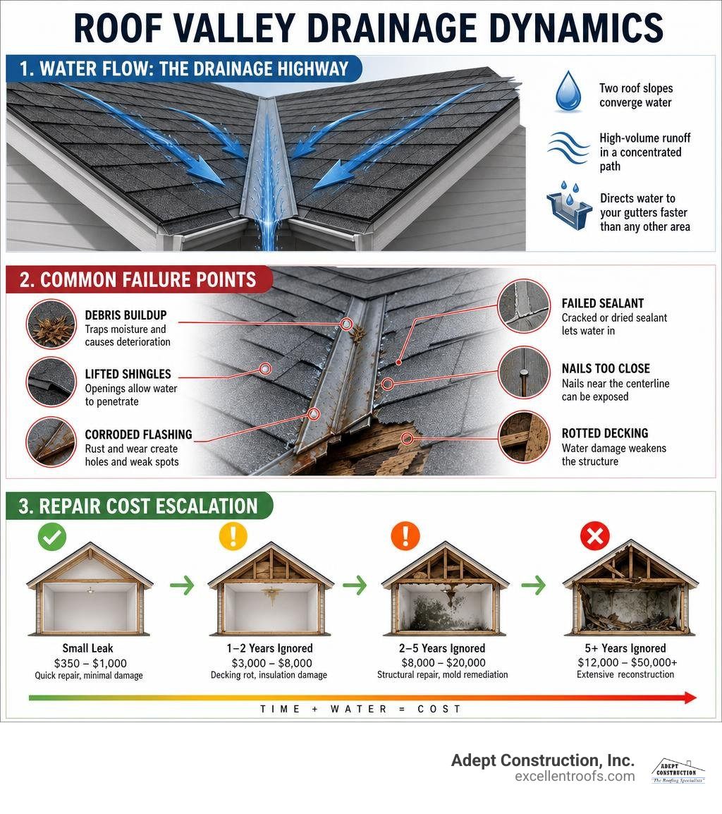Roof valley drainage dynamics infographic showing water flow, common failure points, and repair cost escalation infographic Roof valley drainage dynamics infographic showing water flow, common failure points, and repair cost escalation infographic