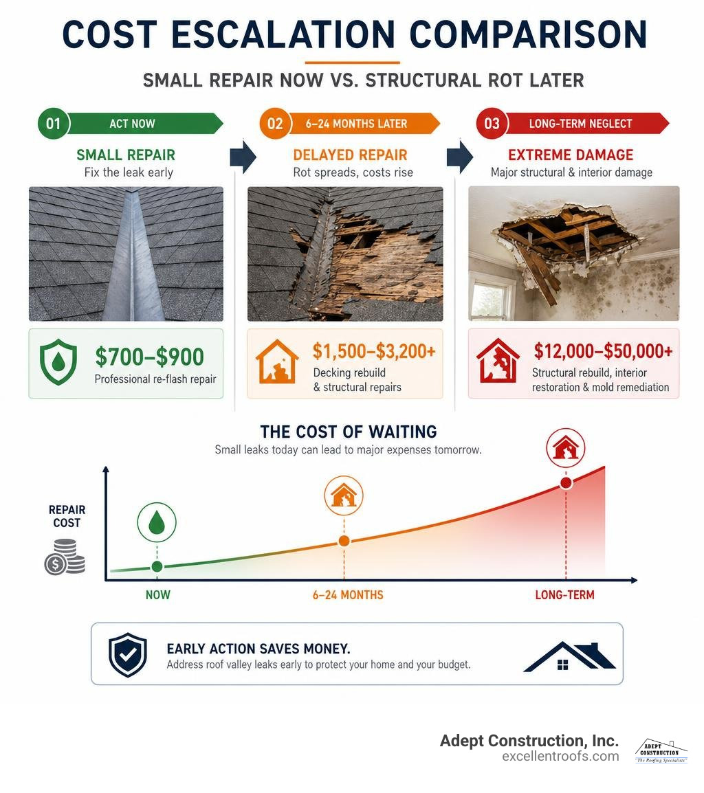 Cost escalation comparison showing small repair costs versus structural rot rebuilding expense over time infographic Cost escalation comparison showing small repair costs versus structural rot rebuilding expense over time infographic