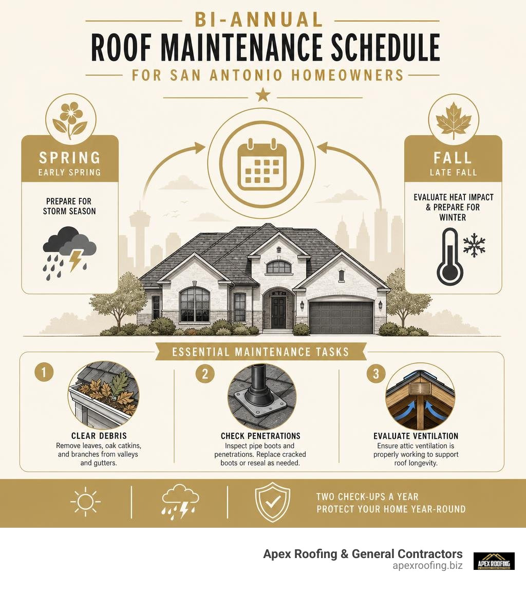 Infographic depicting the ideal bi-annual roof maintenance schedule for San Antonio homeowners infographic Infographic depicting the ideal bi-annual roof maintenance schedule for San Antonio homeowners infographic