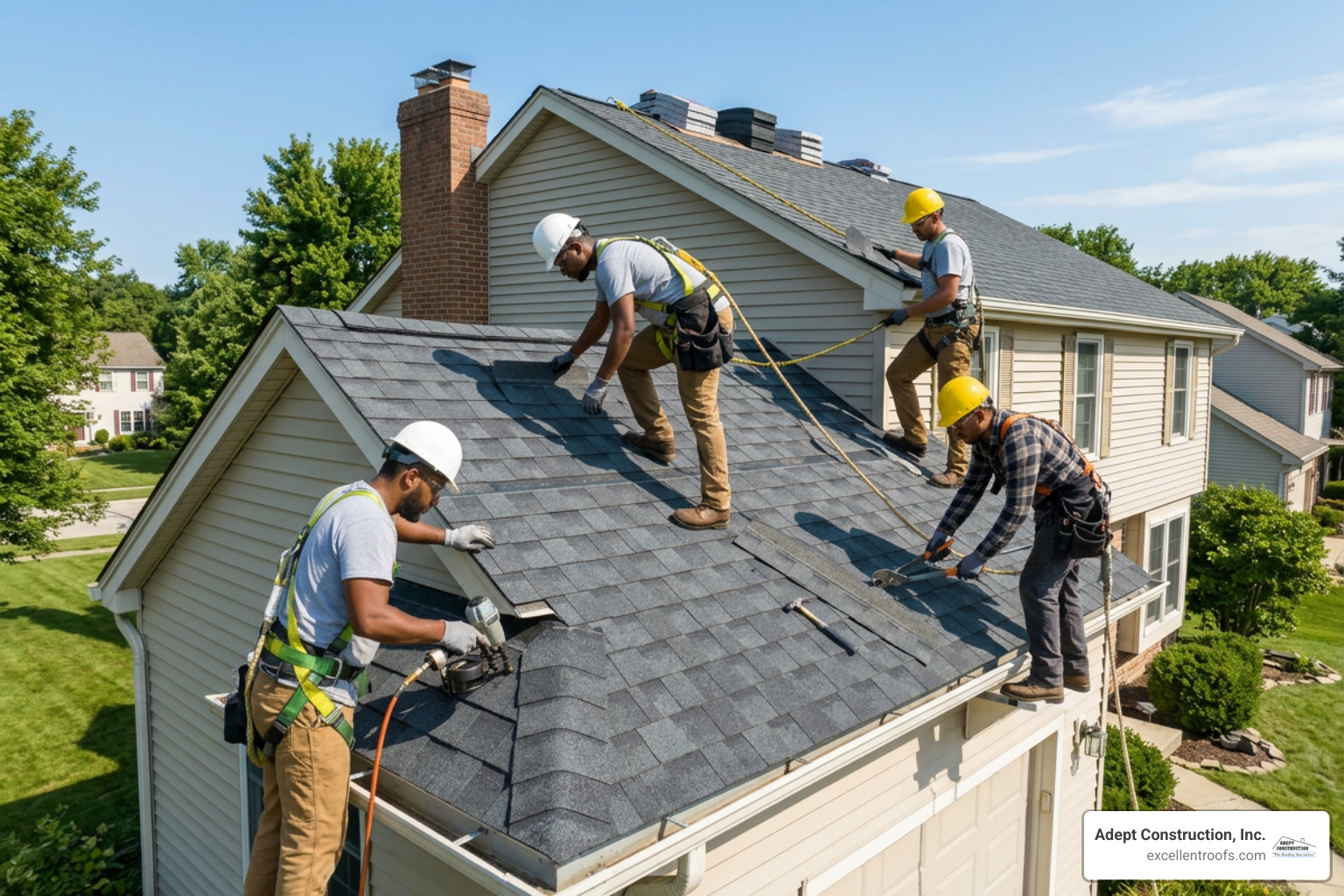 professional roofing crew installing composite shingles on a residential home