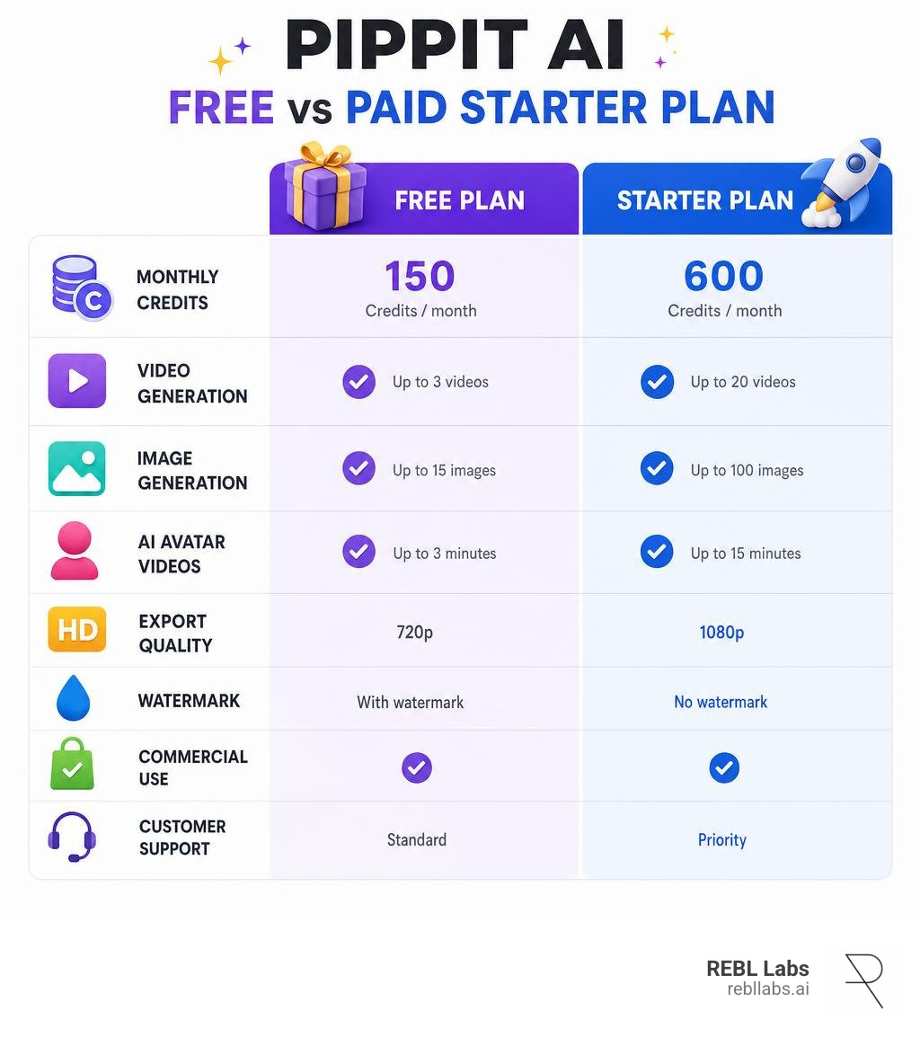 Infographic breaking down Pippit AI free vs paid starter plan credits and features infographic