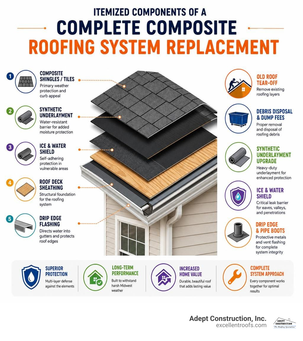 Itemized components of a complete composite roofing system replacement infographic