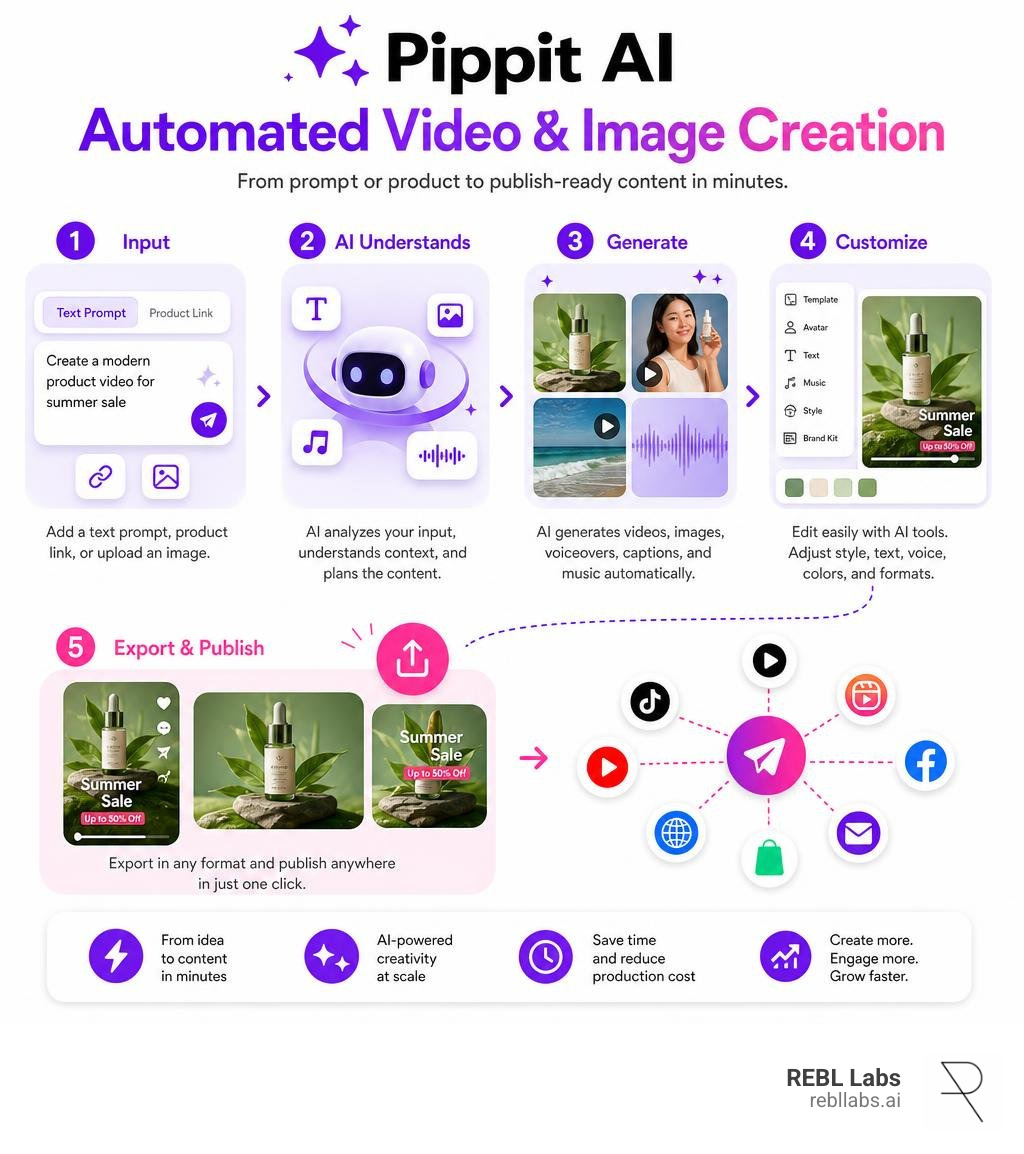 Pippit AI automated video and image creation workflow overview infographic infographic