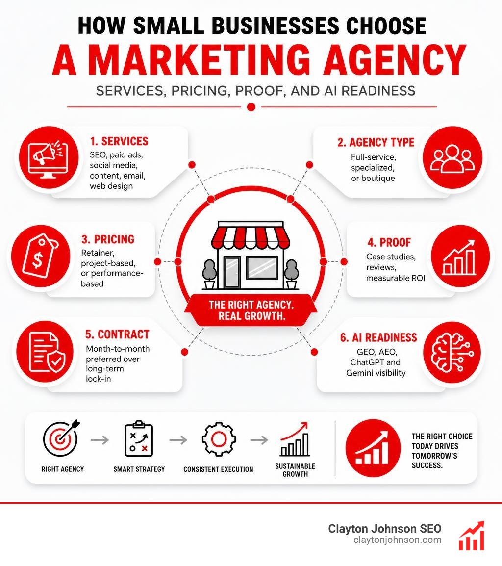 How small businesses choose a marketing agency: services, pricing, proof, and AI readiness infographic