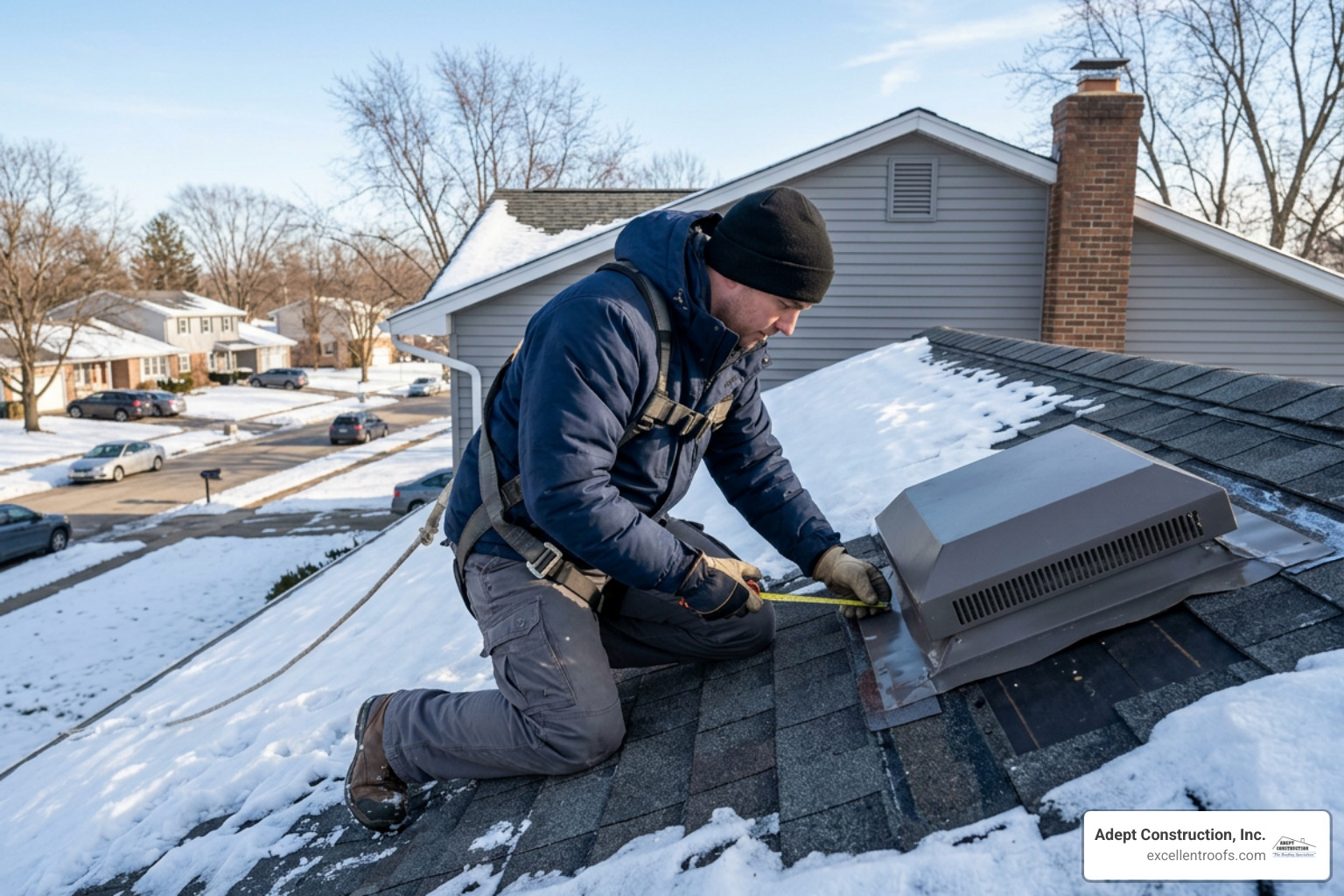 Roofing contractor conducting a winter inspection on underlayment seals and attic ventilation