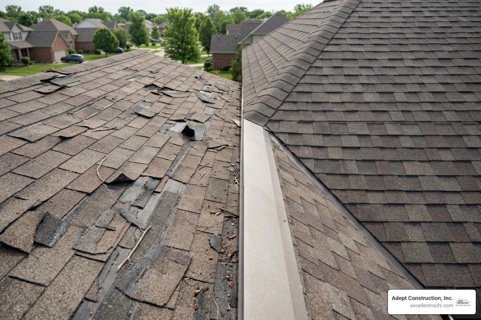 Wind-damaged 3-tab asphalt shingles compared to intact dimensional architectural shingles after a storm