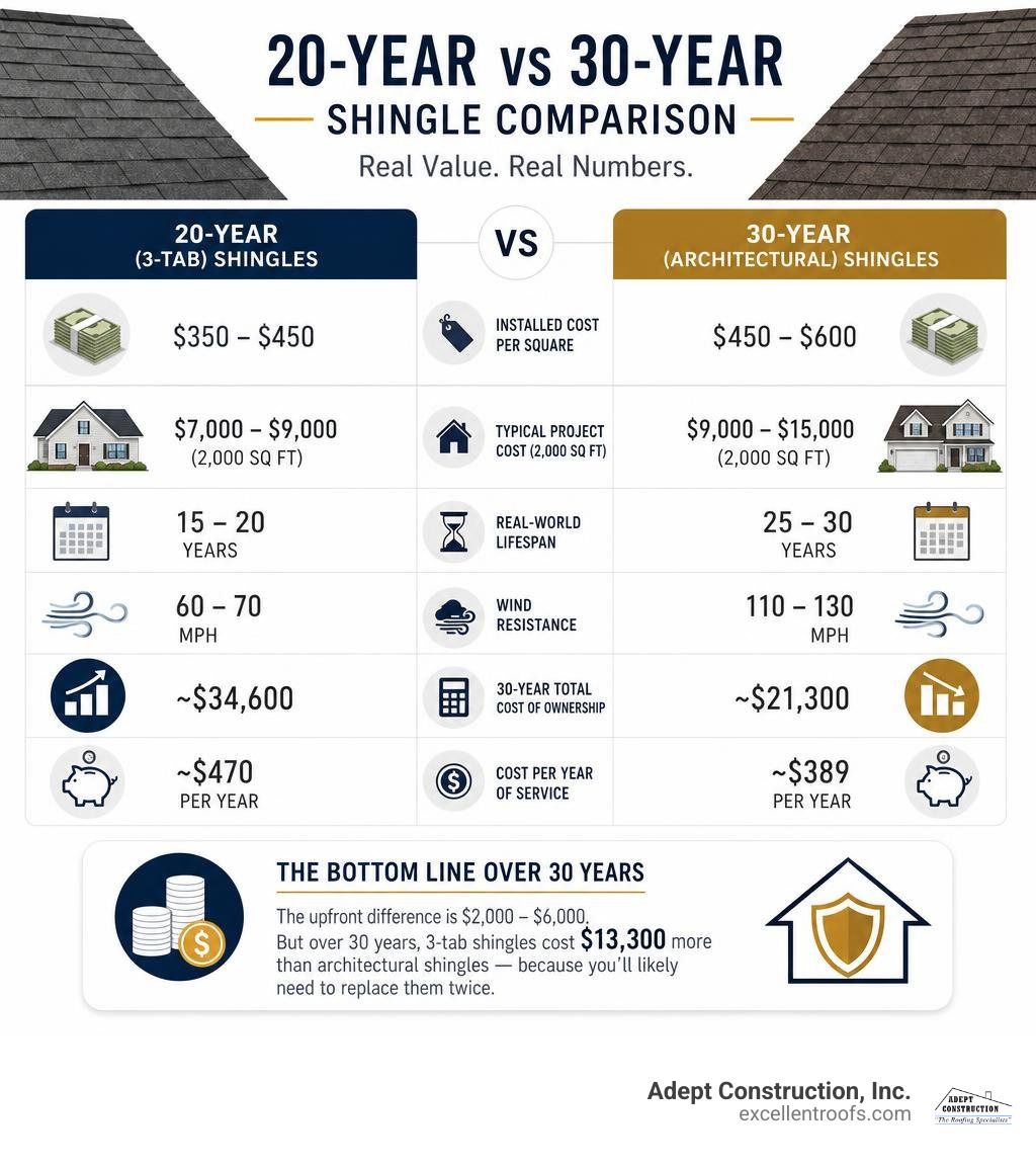 Infographic comparing 20-year 3-tab vs 30-year architectural shingles on cost, lifespan, wind rating, and 30-year TCO