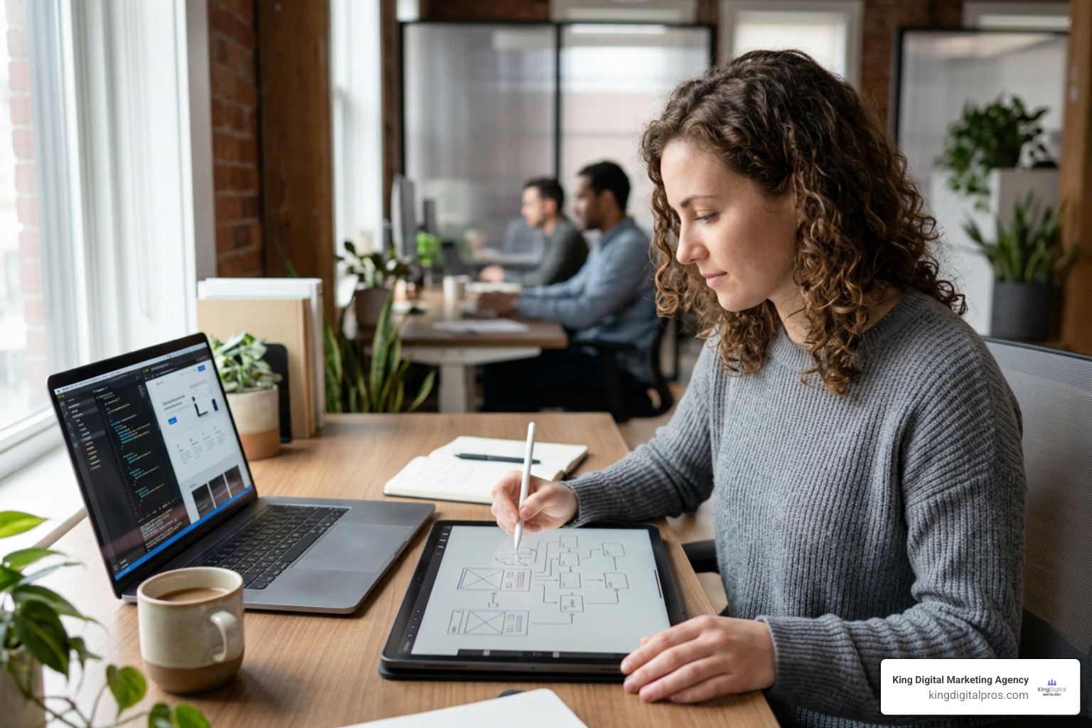 Web designer mapping out wireframe structures and UX user flows on a digital tablet Web Designer Mapping Out Wireframe Structures And Ux User Flows On A Digital Tablet