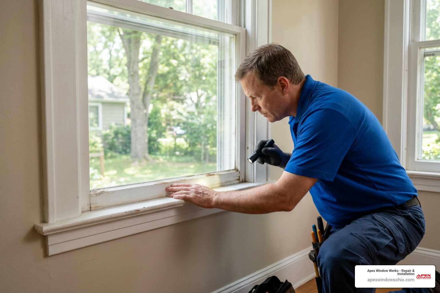 Licensed window technician carefully inspecting a white wood window frame on a home interior