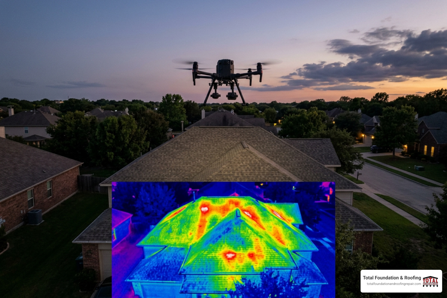 Drone executing an accurate aerial high-resolution thermal roof inspection Drone executing an accurate aerial high-resolution thermal roof inspection