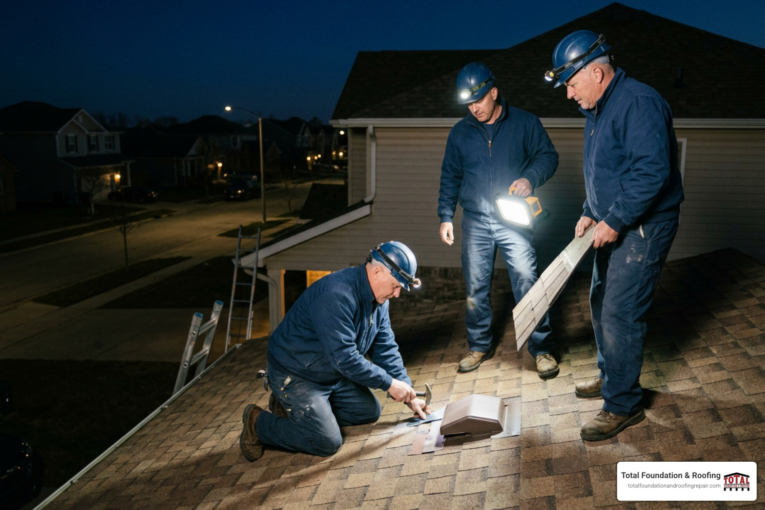 Professional roofing crew completing emergency repair on a residential property in Kerrville Professional roofing crew completing emergency repair on a residential property in Kerrville