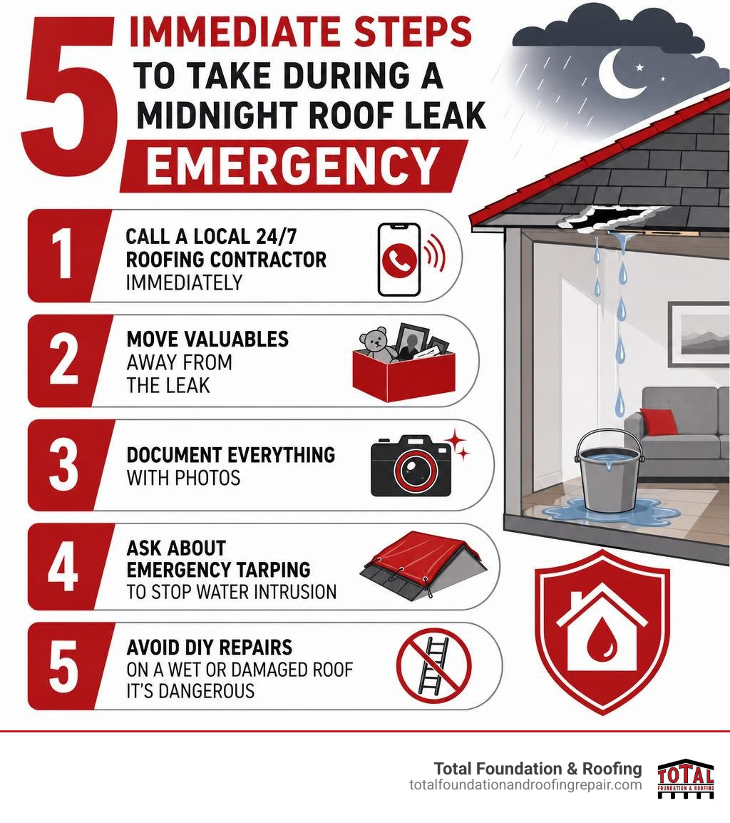 Infographic showing 5 immediate steps to take during a midnight roof leak emergency infographic Infographic showing 5 immediate steps to take during a midnight roof leak emergency infographic