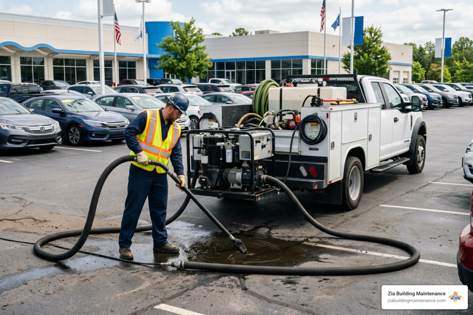 Vacuum recovery equipment deployed on parking lot for EPA wastewater compliance Vacuum recovery equipment deployed on parking lot for EPA wastewater compliance