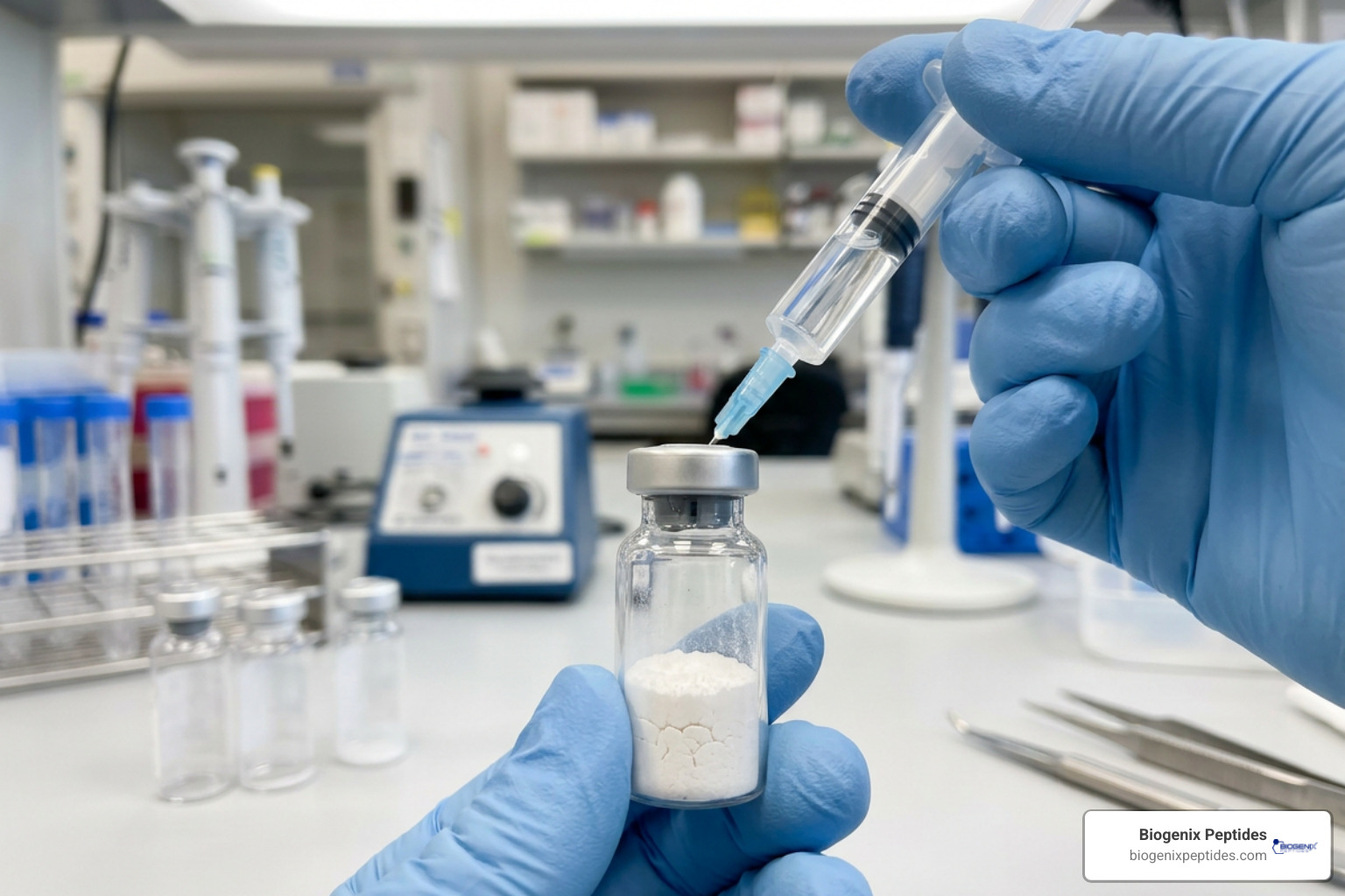 reconstituting lyophilized peptide powder with reconstitution solution