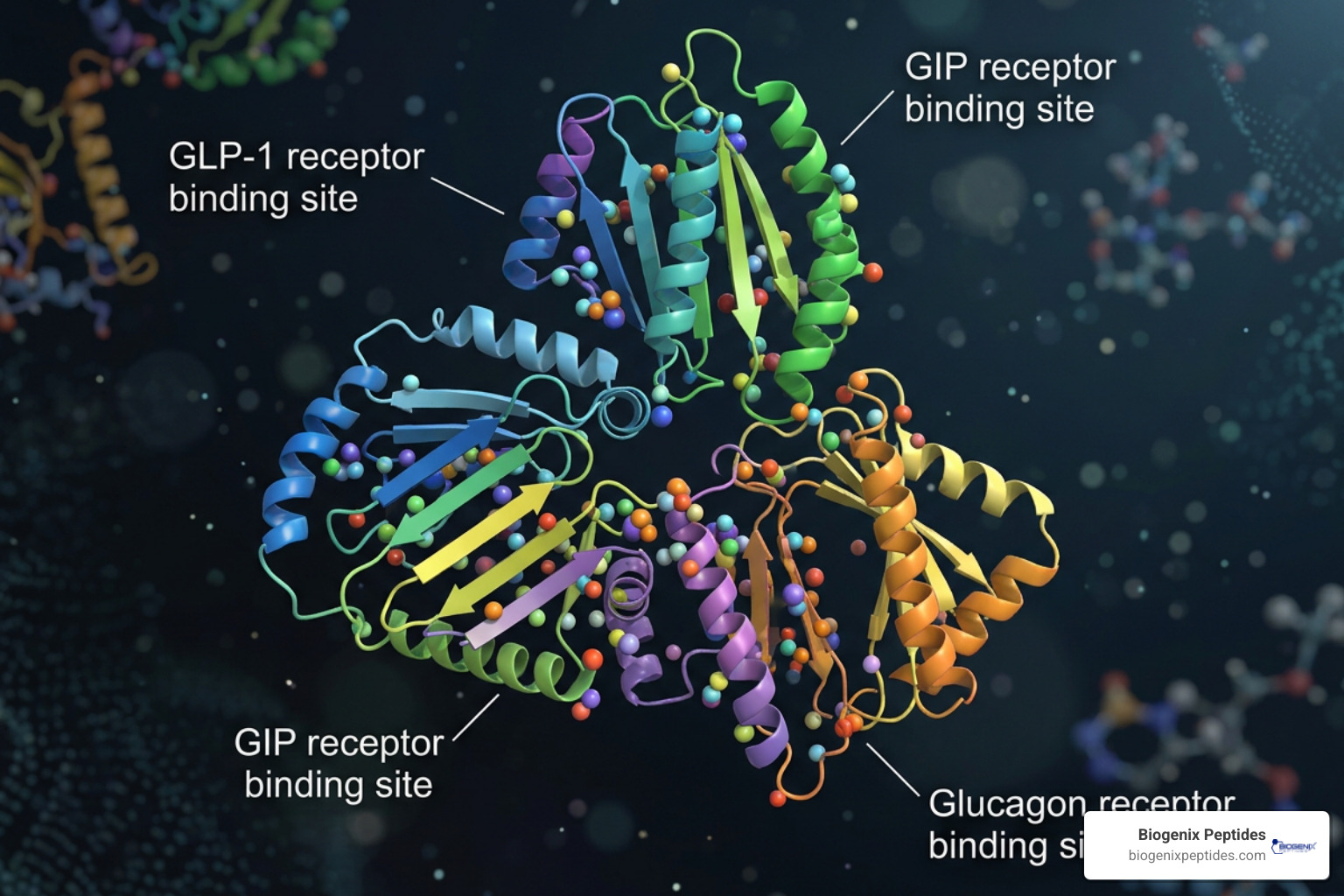 Multi-agonist peptide molecular structure visualization showing GLP-1 GIP and Glucagon receptor sites Multi-agonist peptide molecular structure visualization showing GLP-1 GIP and Glucagon receptor sites