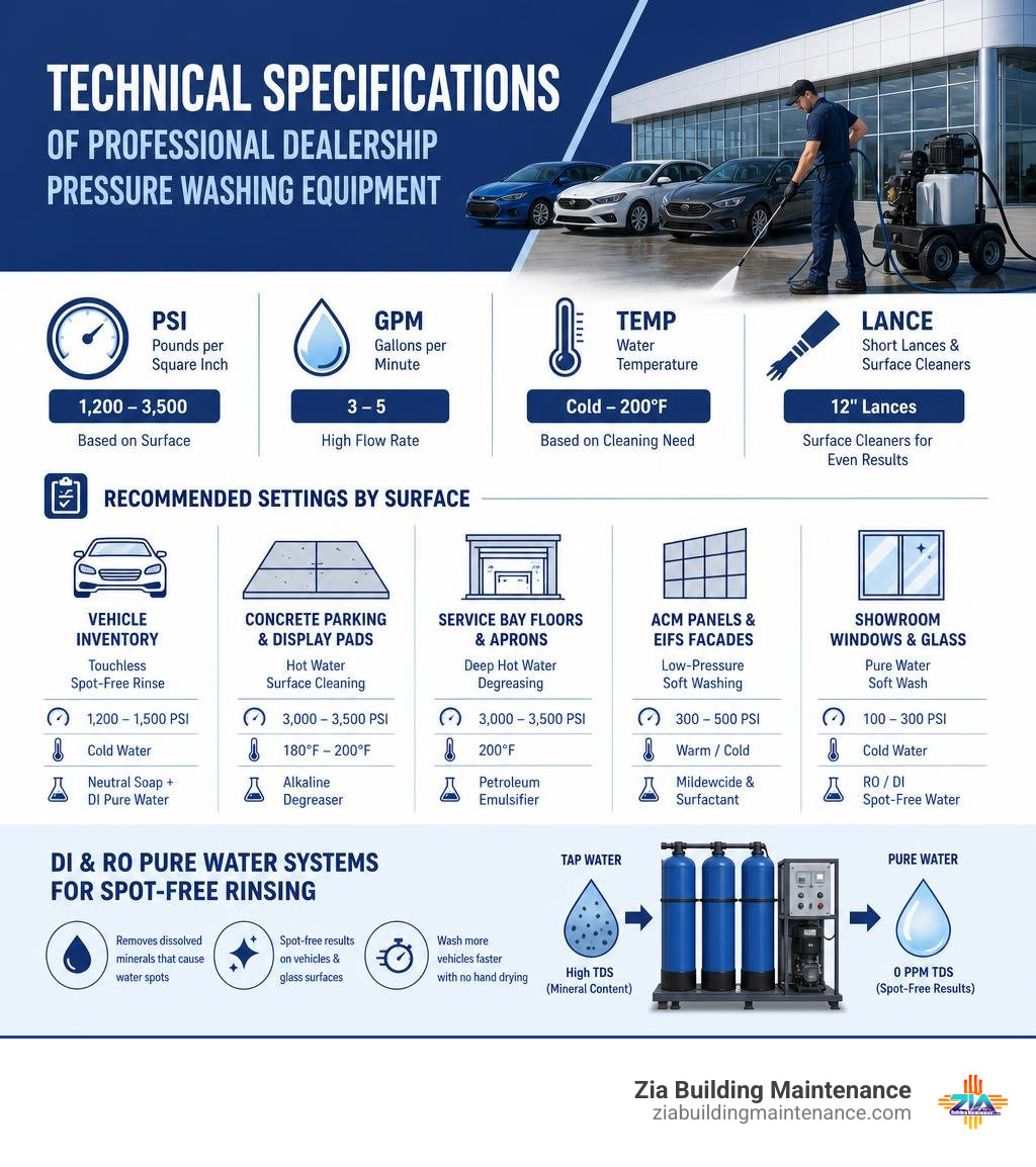 Technical specifications of professional dealership pressure washing equipment infographic Technical specifications of professional dealership pressure washing equipment infographic