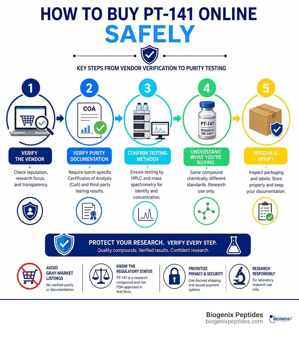 How to buy PT-141 online safely: key steps from vendor verification to purity testing infographic