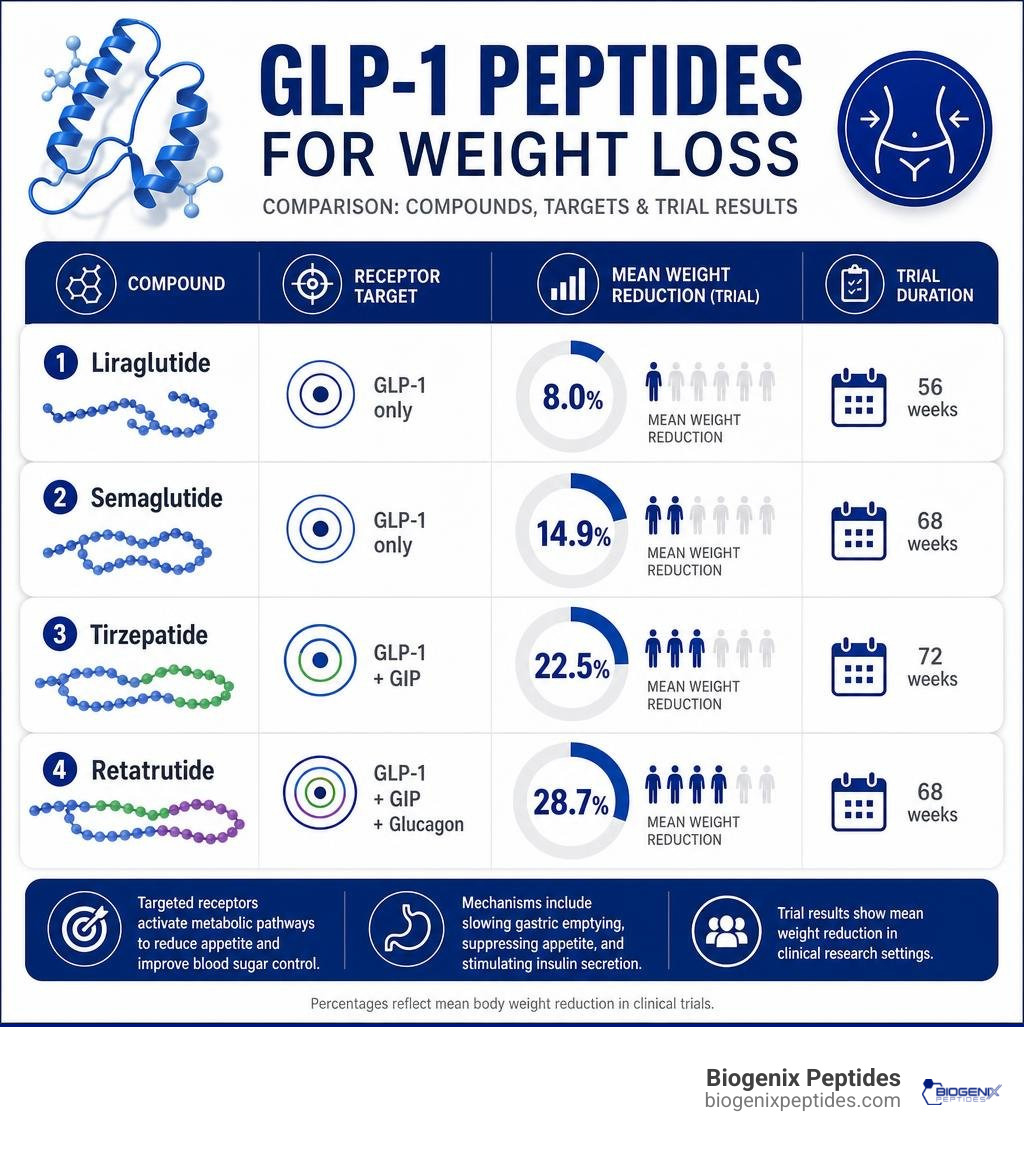 GLP-1 peptides for weight loss comparison infographic showing compounds, receptor targets, and trial weight loss percentages GLP-1 peptides for weight loss comparison infographic showing compounds, receptor targets, and trial weight loss percentages