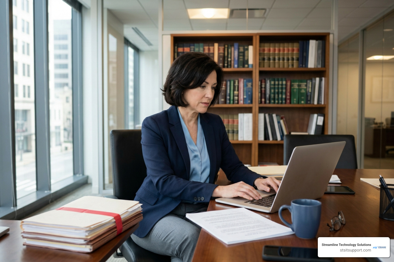 Attorney working securely on a laptop in a modern law office