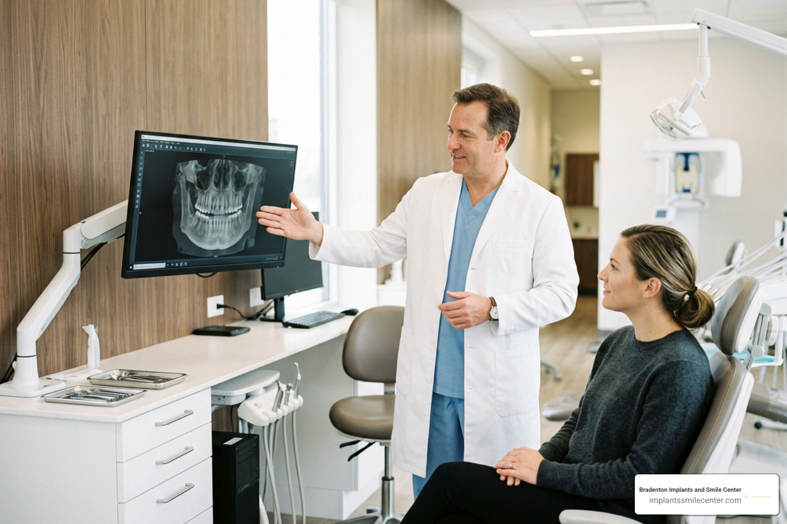 Dentist reviewing 3D CBCT imaging scans with a patient Dentist reviewing 3D CBCT imaging scans with a patient