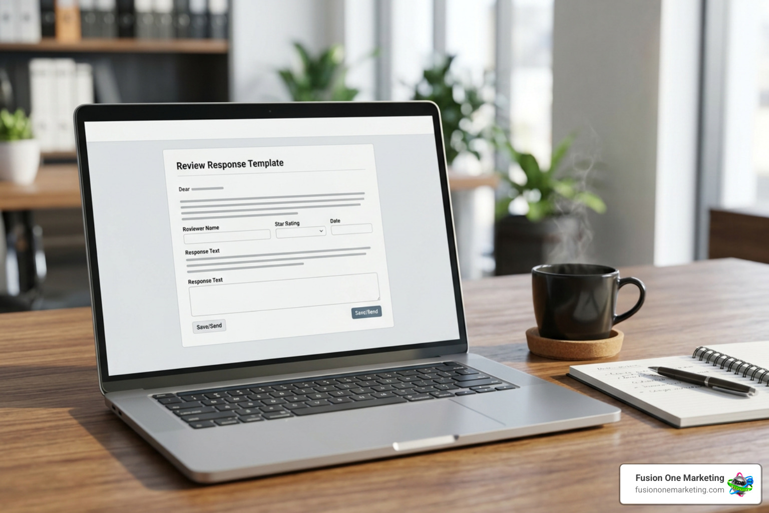 Laptop displaying a professional review response template for negative Google reviews Laptop displaying a professional review response template for negative Google reviews