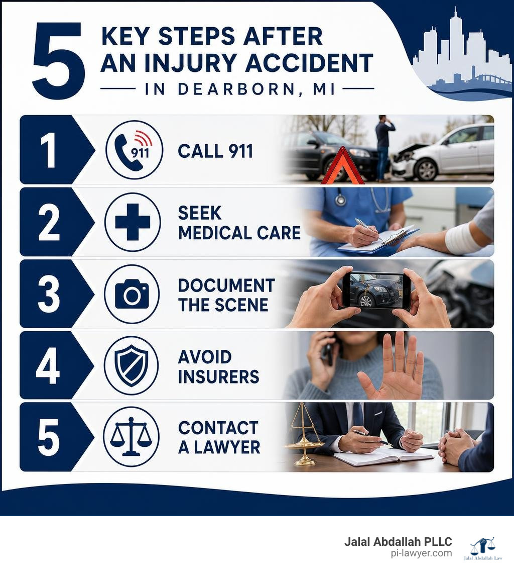Infographic: 5 key steps after an injury accident in Dearborn MI — call 911, seek medical care, document the scene, avoid Infographic: 5 key steps after an injury accident in Dearborn MI — call 911, seek medical care, document the scene, avoid