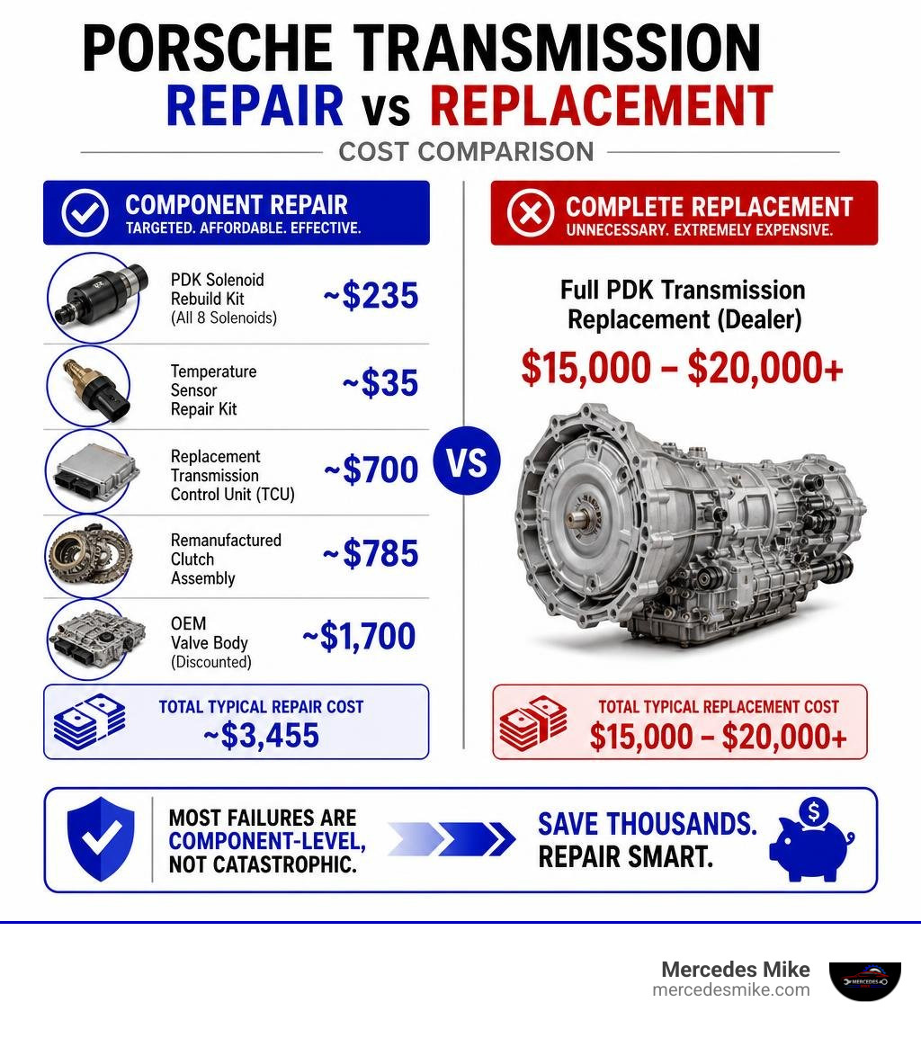 Porsche component repair vs complete transmission replacement cost comparison infographic infographic Porsche component repair vs complete transmission replacement cost comparison infographic infographic