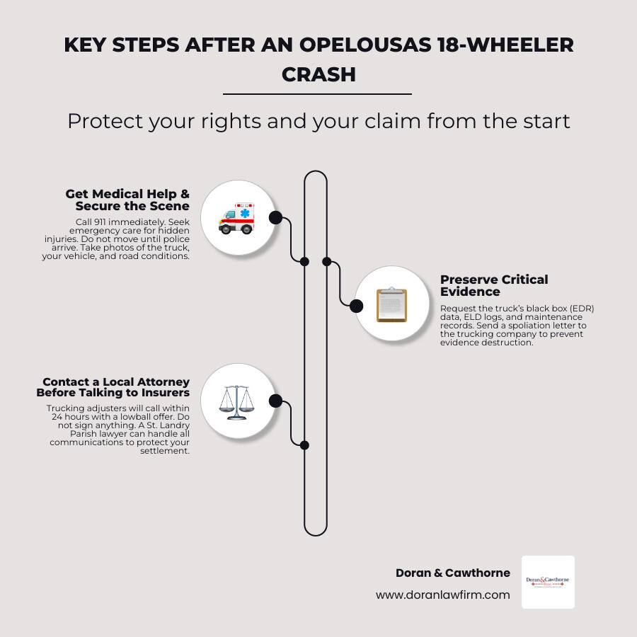 Key steps after an 18-wheeler accident in Opelousas, Louisiana infographic Key steps after an 18-wheeler accident in Opelousas, Louisiana infographic
