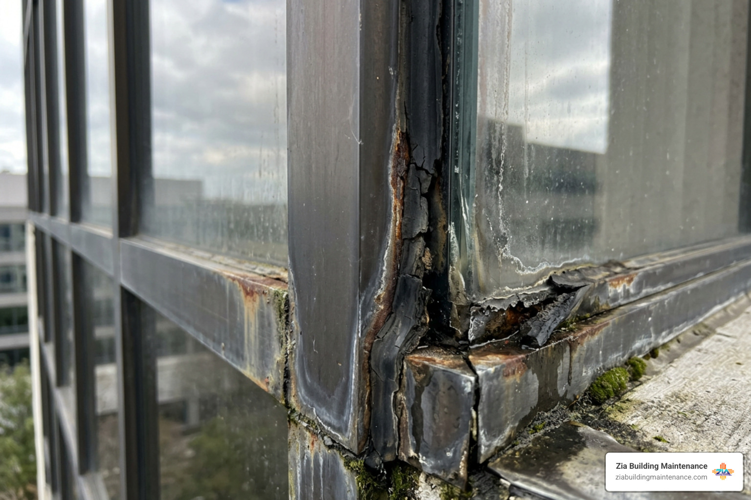 corroded high-rise window frame seal with water damage corroded high-rise window frame seal with water damage