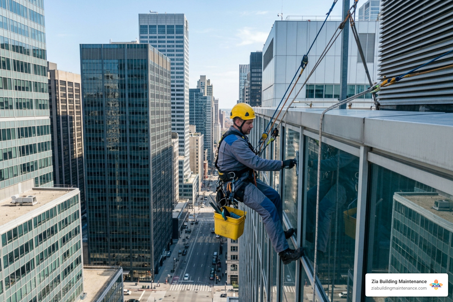 high rise window rope access technician performing maintenance high rise window rope access technician performing maintenance