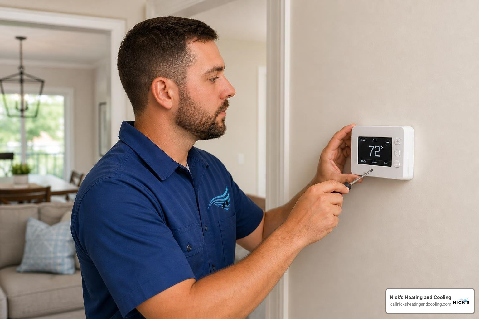 technician calibrating a digital home thermostat technician calibrating a digital home thermostat