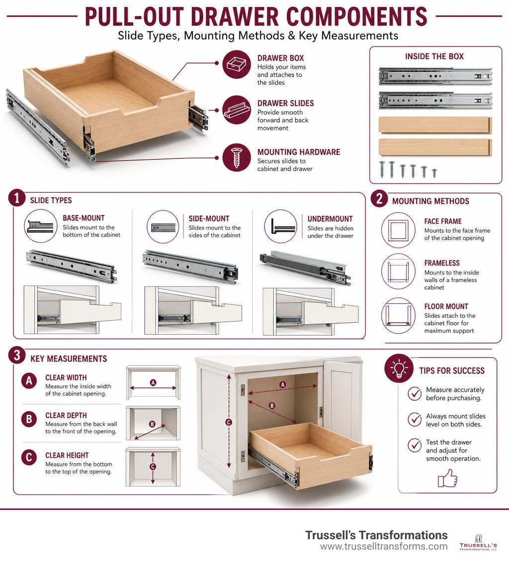 Pull-Out Drawer Components Diagram Showing Slide Types, Mounting Methods, And Key Measurements Infographic Pull-Out Drawer Components Diagram Showing Slide Types, Mounting Methods, And Key Measurements Infographic