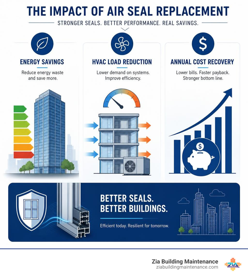 Infographic detailing energy savings, HVAC load reduction, and annual cost recovery from air seal replacement infographic Infographic detailing energy savings, HVAC load reduction, and annual cost recovery from air seal replacement infographic