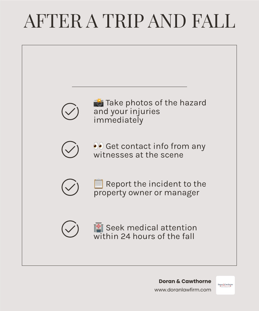 Initial steps after a trip and fall accident in Baton Rouge — infographic showing evidence, deadlines, and legal options Initial steps after a trip and fall accident in Baton Rouge — infographic showing evidence, deadlines, and legal options