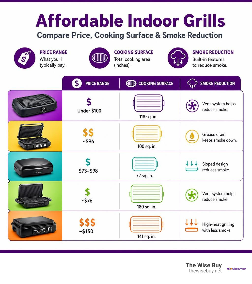 comparison infographic of affordable indoor grills showing price, cooking surface, and smoke reduction features infographic comparison infographic of affordable indoor grills showing price, cooking surface, and smoke reduction features infographic
